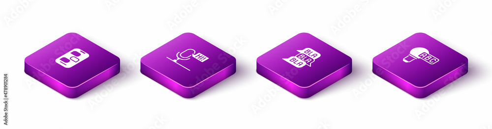Poster set isometric new chat messages notification, microphone voice device, speech bubble and creative la
