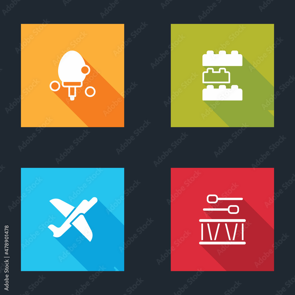 Poster set racket, toy building block bricks, plane and drum with drum sticks icon. vector