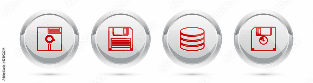 Poster set line floppy disk in the 5.25-inch, , database and . silver circle button. vector