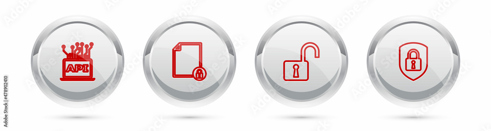 Aufkleber set line computer api interface, document and lock, open padlock and shield security with. silver ci