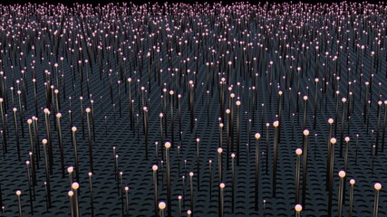 Glowing Nano wires , fiber optic filaments. Array of glowing cylinders . 3d render illustration