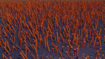 Nanorods. Hundreds of orange cylinders, rods , pipes. . Nanotech. 3d rendering illustration