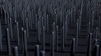 Array of metal cylinders. Repeating silver rods. Many tall , thin metal pins .  3d rendering illustration