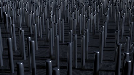 Fototapeta premium Array of metal cylinders. Repeating silver rods. Many tall , thin metal pins . 3d rendering illustration