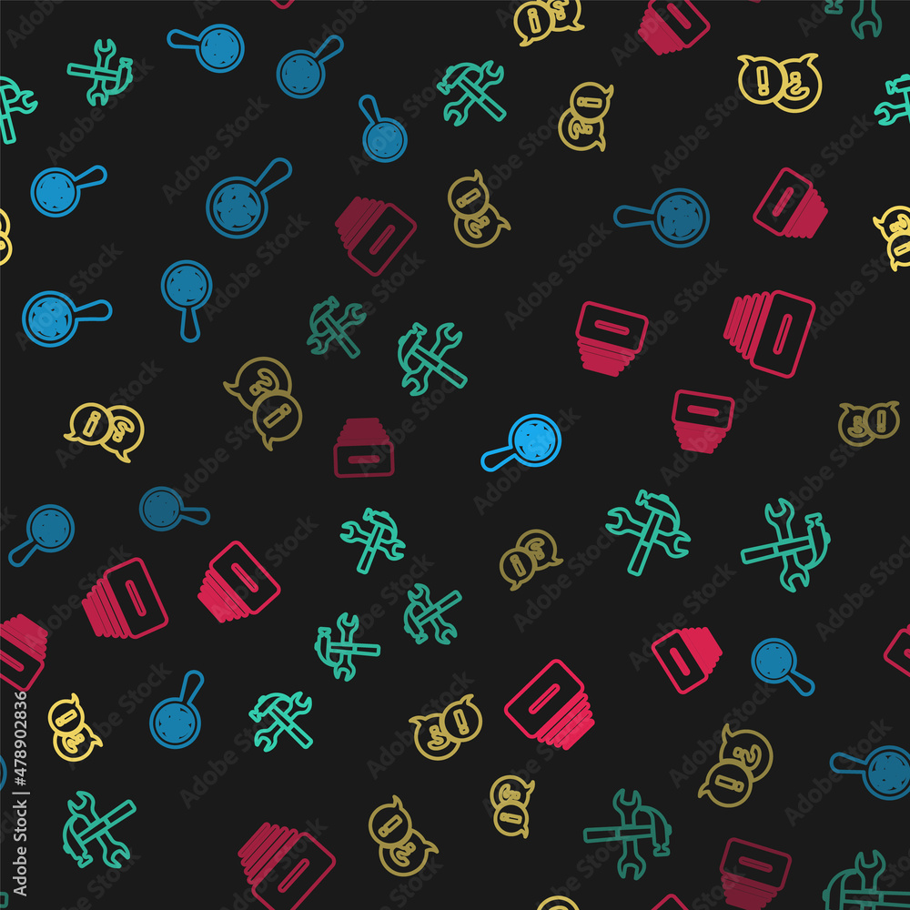 Poster set line microorganisms under magnifier, crossed hammer and wrench, question exclamation and drawer 