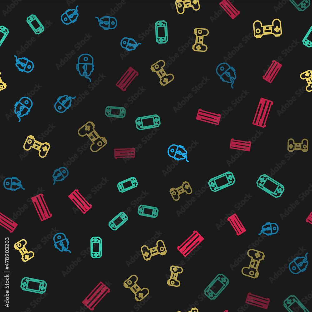 Poster set line computer mouse gaming, portable video game console, gamepad and video on seamless pattern. 