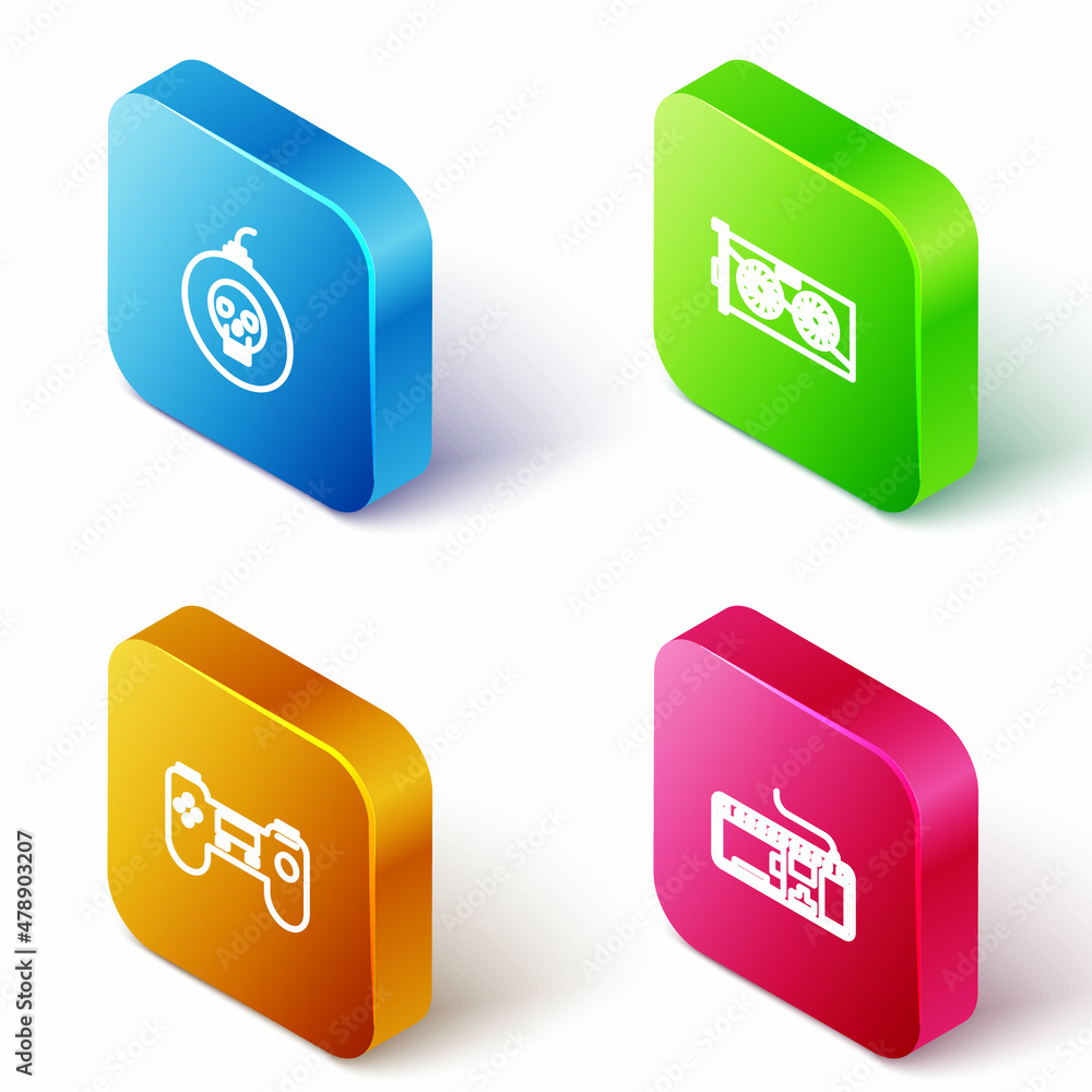 Poster set isometric line bomb ready to explode, video graphic card, gamepad and computer keyboard icon. ve