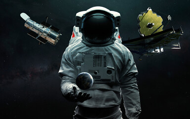 Astronaut and two telescopes James Webb and Hubble. JWST launch art. Elements of image provided by Nasa - obrazy, fototapety, plakaty