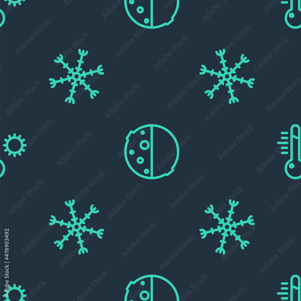 Poster set line eclipse of the sun, snowflake and meteorology thermometer on seamless pattern. vector