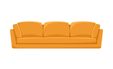 Living room furniture concept. Colorful sticker with stylish beige sofa with soft seats and pillows. Couch without legs for apartment. Cartoon flat vector illustration isolated on white background