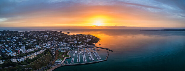 Panorama over Torquay Marina from a drone in sunrise time, Torbay, Devon, England, Europe