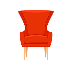 Living room furniture concept. Colorful sticker with minimalistic red armchair with high back and soft seat. Element of interior design. Cartoon flat vector illustration isolated on white background