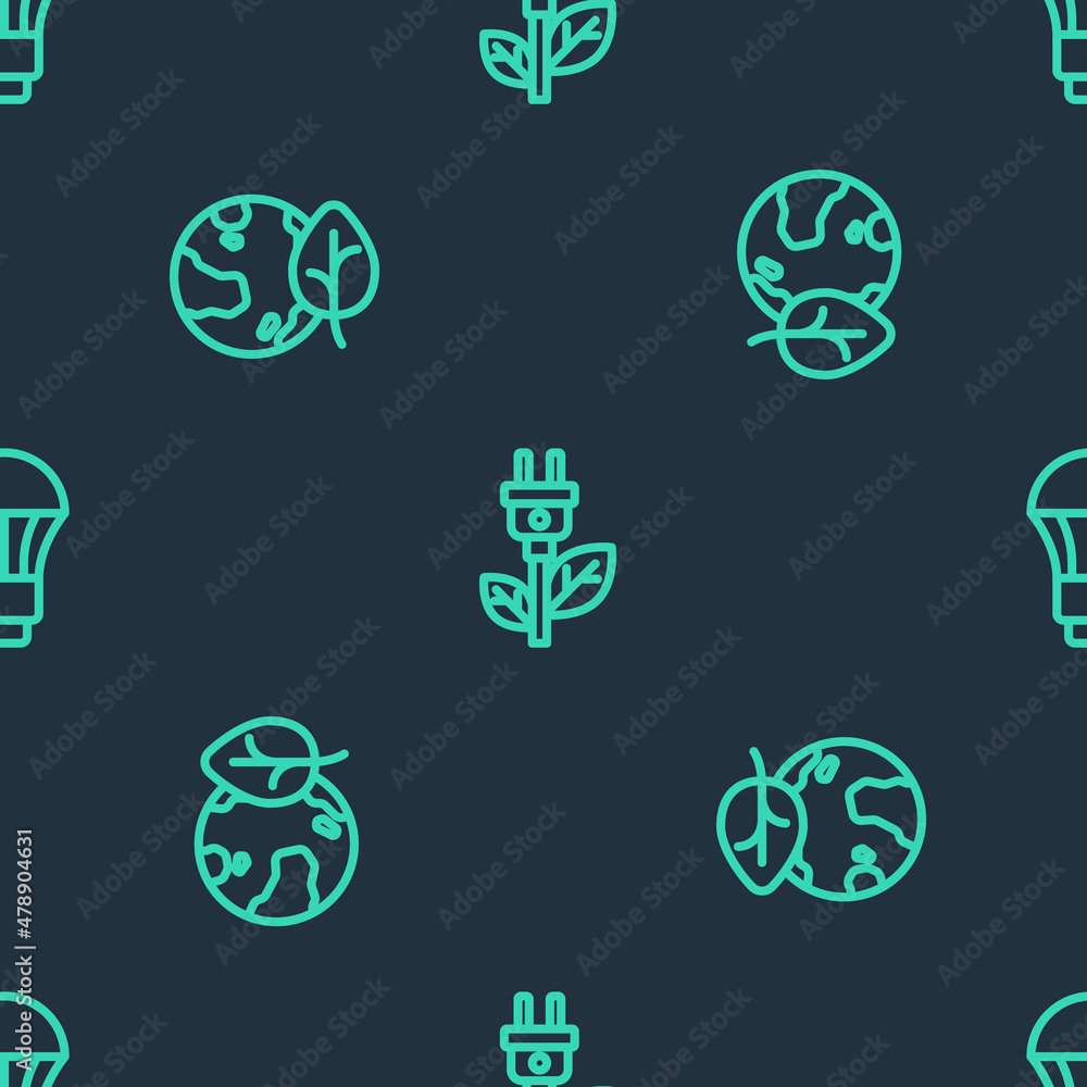 Poster set line electric saving plug in leaf, earth globe and and led light bulb on seamless pattern. vecto