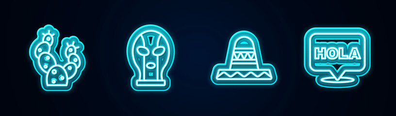Set line Cactus, Mexican wrestler, sombrero and Hola. Glowing neon icon. Vector © Vadim