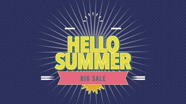 Hello Summer and Big Sale with retro stamp and ribbon, motion promotion, summer and retro style background