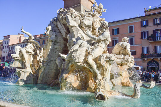 Fontana dei Quattro Fiumi (Fountain of the Four Rivers) at the Piazza Navona square in Rome, Italy. It was designed in 1651 by Gian Lorenzo Bernini for Pope Innocent X 