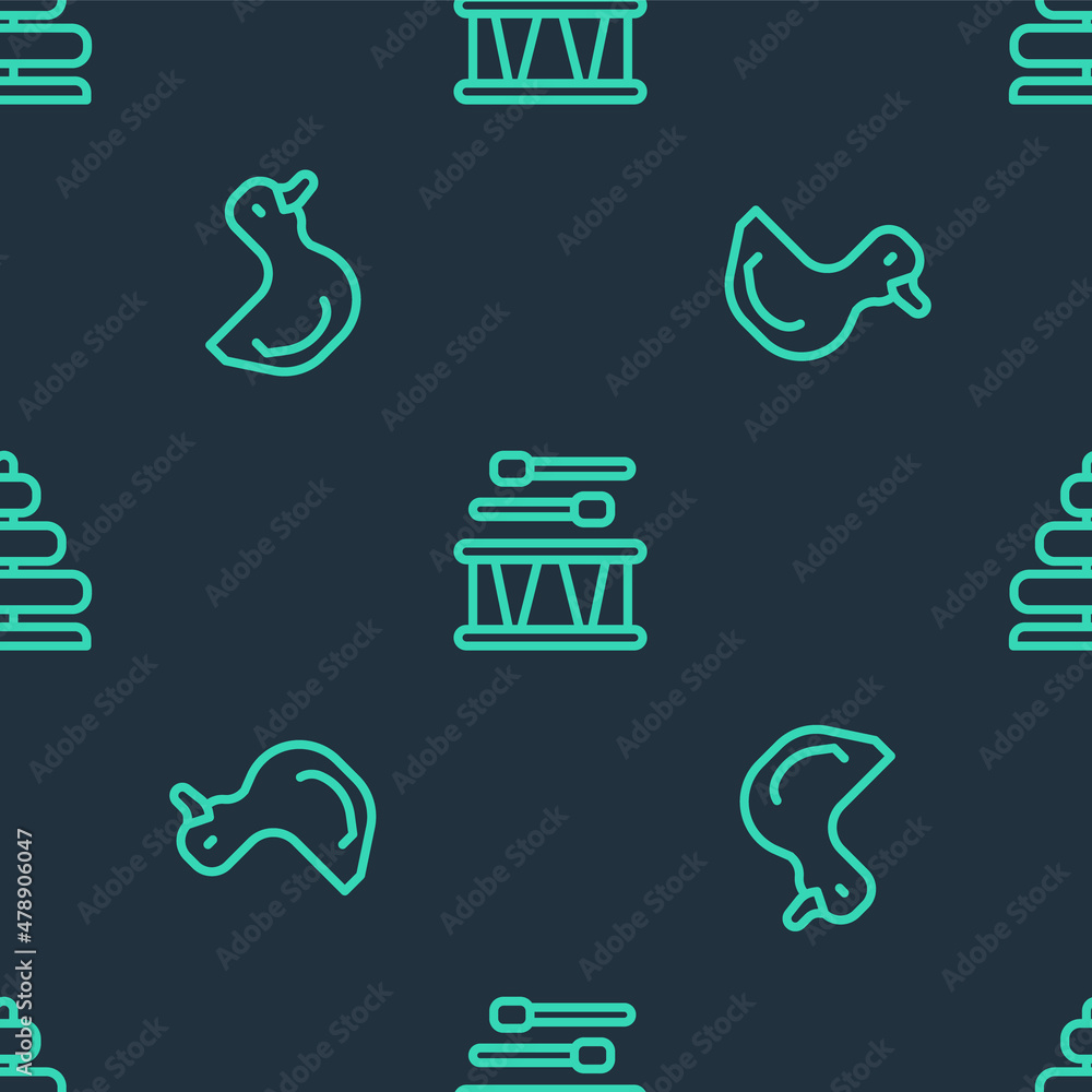 Poster Set line Drum with drum sticks, Rubber duck and Pyramid toy on seamless pattern. Vector