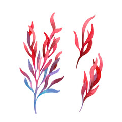 Watercolor set with fresh tropical red leaves