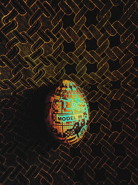 Easter eggs DIY with colorful vibrant handmade decorative Easter egg on a dark yellow gold brown intricate fabric pattern background with copyspace