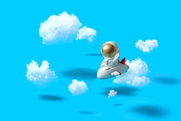 Cosmonaut flying on rocket among clouds