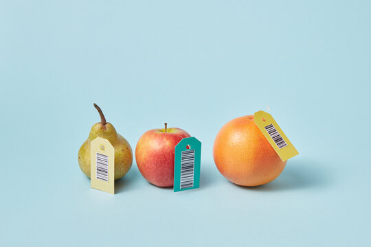 Fruits with tags and barcodes