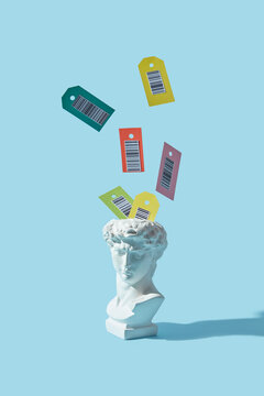 Tags with barcodes falling on David statue