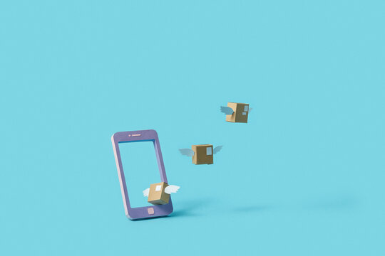 Boxes with wings flying through smartphone