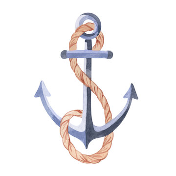 Watercolor metal anchor with rope