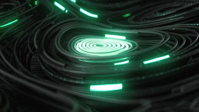 Black topographic circular lines with running matrix code and with green neon