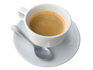 Hot black coffee in white cup with saucer and teaspoon,isolate white background with clipping path.