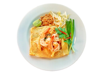 Pad Thai noodles shrimp covering with egg,Stir-Fried noodle prawn,asian thai street food, top view isolate white background with clipping path.