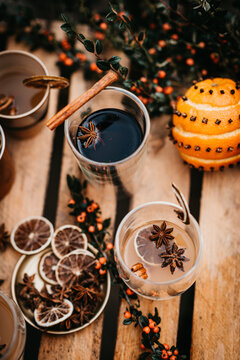 Christmas drinks and decoration on a wooden box