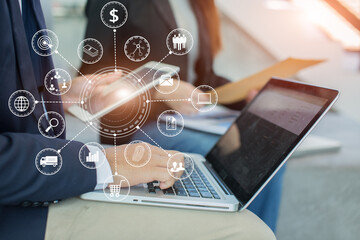 Business strategy investment concept Two businessman confident and discussing at office with icons business