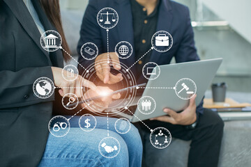 Business strategy investment concept Two businessman confident and discussing at office with icons business