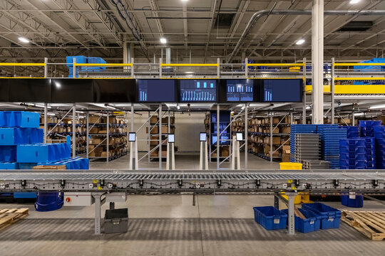 Production Status Monitors on floor of warehouse 