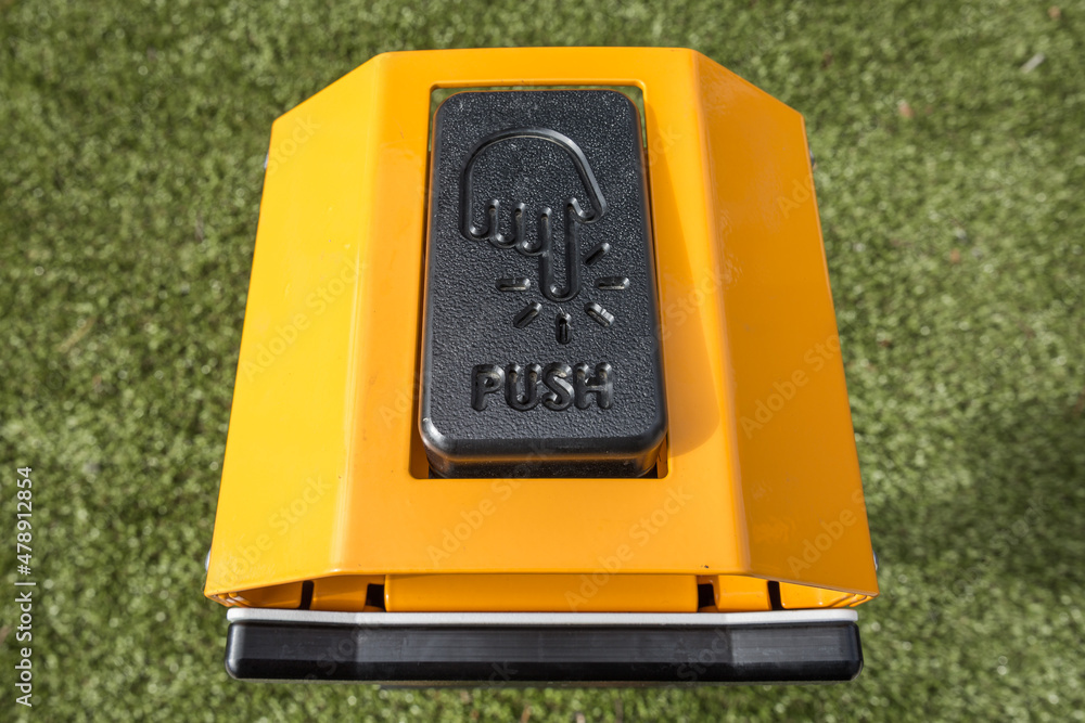 Fototapete push button with pointing finger on hand
