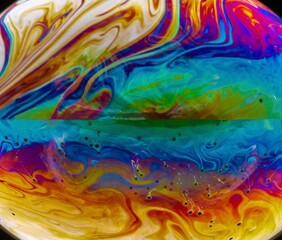 Vivid rainbow colours of a Macro soap bubbles creating psychedelic patterns under light dome
