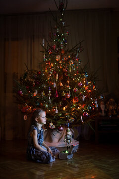 Little girl watching TV by a Christmas tree