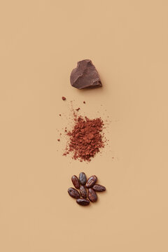 Cocoa beans, powder and chocolate in studio