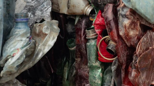 Plastic bottles in bales for waste recycling