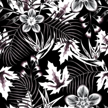 tropical vintage rainforst illustration with abstract bird of paradise flowers, frangipani plants and palm leaves on dark background. floral background. Exotic tropics. Summer design. wallpaper design