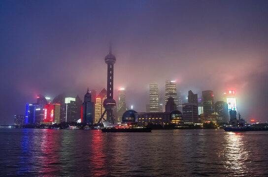 Shanghai Cityscape Panorama of Pudong Financial district in foggy night © zhikun sun