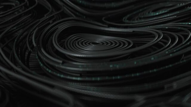Black topographic circular lines with running matrix code