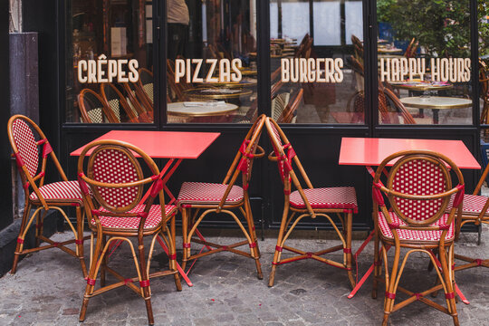 cafe restaurant in Paris with red furniture, France