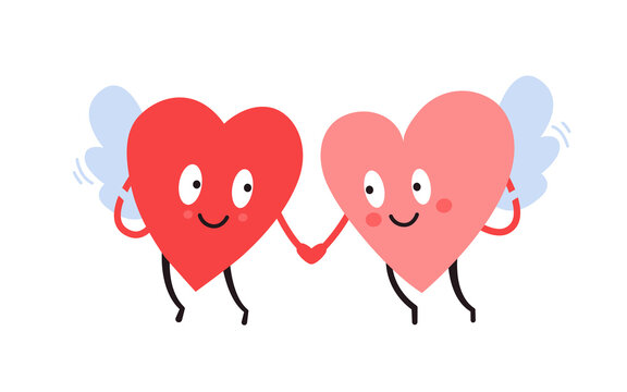 Two happy cartoon heart characters. Flying hearts. Romantic Valentines Day design. Couple in love holding hands. Angels. Wings of love. Share your love. Cute vector illustration