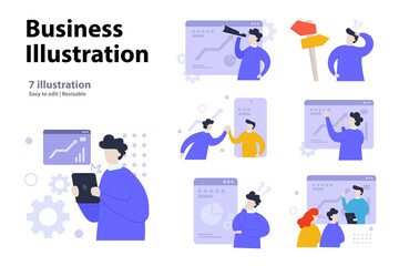 Business illustration concept. A collection of scenes of men involved in business development, team work. vector illustration