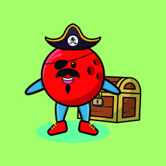 Cute cartoon character Bowling ball pirate with treasure box in modern style design for t-shirt, sticker logo element