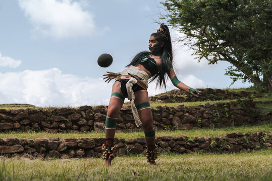 Mayan Warrior Woman Hitting A Rubber Ball With Her Hip