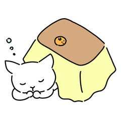 Fototapeta premium コタツで眠る猫のゆるいイラスト 