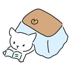 コタツで本を読むネコのゆるいイラスト
